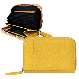 Giselle Card Case, Genuine Leather, Large Capacity, Compact, Bifold Wallet, Small, Thin, Mini Wallet, Jabara, Pass Case, Coin Purse, Women's, Men's, yellow