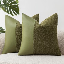 SINYASAN Set of 2 Fluffy Boucle Pillow Covers 18"x18", Forest Green Textured Throw Pillow Covers with Faux Leather Accents, Boho Decorative Pillow Cases for Couch, Bed, or Farmhouse Home Decor