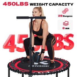 K KENSONE 40" Foldable Rebounder Trampoline for Adults with Bungee, 450 LBS Quiet Indoor Mini Trampoline for Adults Fitness with Adjustable T-Shaped Handle Bar for Gym Workout, Home Exercise, Red