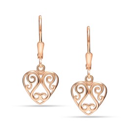 LeCalla Sterling Silver Heart Dangle Earrings Jewelry Lightweight 14K Rose Gold Plated Filigree Leverback Heart Drop Earring for Women - 30mm