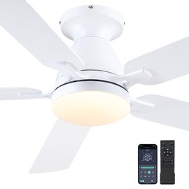 Ceiling Fans with Lights, 56" Flush Mount Ceiling Fan with Light and Remote/APP Control, Low Profile, Modern Ceiling Fan Reversible, Dimmable, Noiseless, White for Bedroom