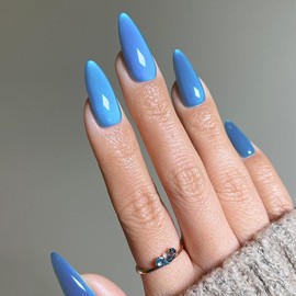 Light Blue Press On Nails - Medium Almond Shaped, Glossy Reusable False Nails, 24 Pcs