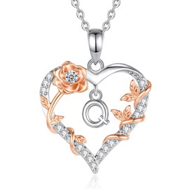 EUDORA Harmony Ball Rose Heart Initial Q Necklace for Women Letter Q Alphabet Initial Necklaces Copper Rhodium Plated Pendant with Cubic Zirconia, Initials Jewelry Gifts for Women Wife 18"
