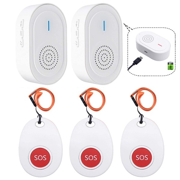 CallToU Caregiver Pager Call Button for Elderly at Home,Nurse Alert System Alert Button for Seniors 2 USB Receivers 3 SOS Call Panic Buttons
