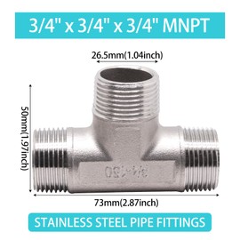 ZHMEINA 3/4" x 3/4" x 3/4" NPT Male Pipe Fitting, 304 Stainless Steel Tee Pipe Fittings, 3 Way T Shaped Tee Connector, 1 Pack