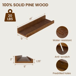 Vivelove Picture Ledge Shelf, Solid Pine Wood Rustic Floating Shelves for Wall, 16 Inch Floating Shelves with Lip for Bedroom Kitchen Living Room Nursery Display Wall Decor, Set of 2 (Walnut)