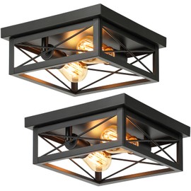Kondras 2-Light Industrial Square Flush Mount Ceiling Light, Farmhouse Ceiling Light Fixture for Kitchen, Modern Black Close to Ceiling Light for Hallway Bedroom Balcony Porch Stairway, E26, 2-Pack