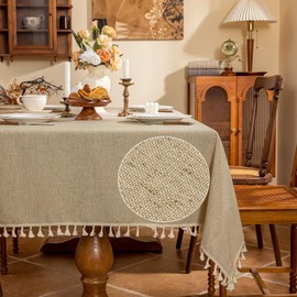 AmHoo Linen Blend Tablecloth Table Cloth 280 GSM Stitching Tassel Rectangle Decorative Natural Table Cover for Kitchen Dinning Wedding Buffet 55×120 inch Natural