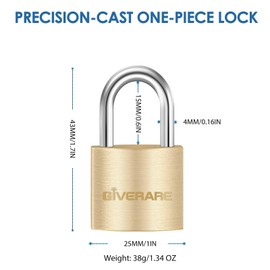 4 Pack Keyed Locks with Keys, Solid Brass Copper Travel Luggage Padlock, Small Waterproof Lock with 25MM Wide Body for Suitcase, Backpack, Gym, Locker, Jewelry Box, Toolbox, Sheds-Golden