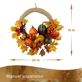 NeoL‘artes Farmhouse Fall Harvest Wreath with Pumpkins, Gourds, Maple Leaves, and Berries, Burlap Hoop, Autumn Door Decor