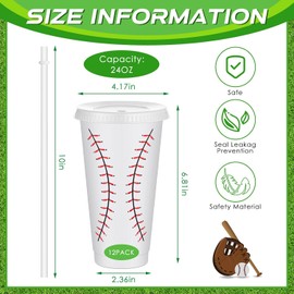 Uiifan 12 Piezas Vasos de Béisbol de Plástico Reutilizables Lindos Vasos de Fiesta con Tapas y Pajitas de 24 oz Regalos de Fiesta Deportiva para Juego de Béisbol Cumpleaños Deportivo Suministros de