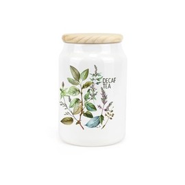 Watercolour Herbs Ceramic Decaf Tea Storage Canister - Country Home Farmhouse Interior Gifts - Kitchen Food Storage Container & Wooden Lid 600ml (14.5cm x 9.5cm)