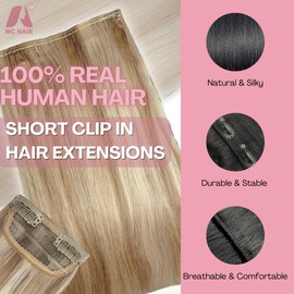2 Pcs Short Clip in Hair Extensions, Human Hair Clip in Extensions for Women 8 Inch Light Golden Brown and Bleach Blonde