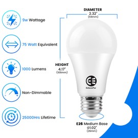 EdisonPar A19 24-Pack LED Light Bulbs, E26 Base 75W Equivalent 1000lumens 4000K Neutral Daylight Light, Cool White (CWF), Non-Dimmable 9W 25000hrs (Count of 24)