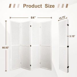 Osparple Room Divider 4 Panel Peg Board Room Divider 5.6FT Partition Room Dividers Freestanding Wooden Privacy Screen with Peg Board Display for Apartment and Office, White