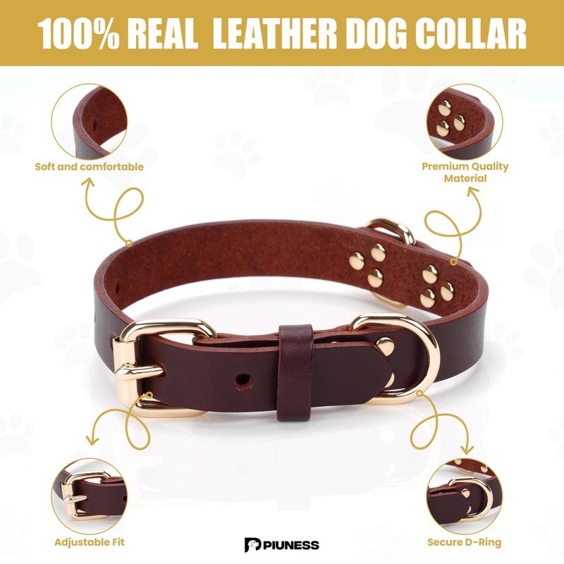 Piuness 100% Real Leather Dog Collar and Leash Set, Premium
