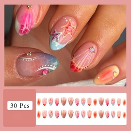 30Pcs Summer Press on Nails French Tip Medium Almond Fake Nails with 3D Starfish Designs Summer Beach False Nails Rhinestone Glue on Nail Handmade Full Cover Acrylic Nails for Women