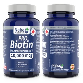 Naka Platinum PRO Biotin Maximum Potency 10,000 mcg promotes Healthy Hair, Skin and Nails - BONUS SIZE 90 Capsules (60+30 FREE)