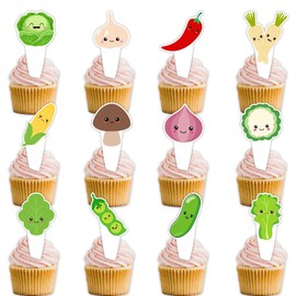 24pcs Cute Cucumbers Corn Peas Chili Dessert Cupcake Topper Funny Vegetable Theme Decor Supplies Baby Shower Boys Girls Happy Birthday Decorations