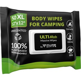 Toallitas Corporales para Camping Pure Active, 50 Toallitas XL 12"x12", Biodegradables y Ecológicas, Toallitas para Cuerpo y Cara, Higiene Personal para Mujeres, Hombres, Niños y Personas Mayores