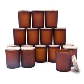 SHOWIN Thick Candle Jars for Making Candles 16 Pcs, 7 OZ Empty Jars with Wood Lids for Candle Making, Sample Container, Frosted Brown