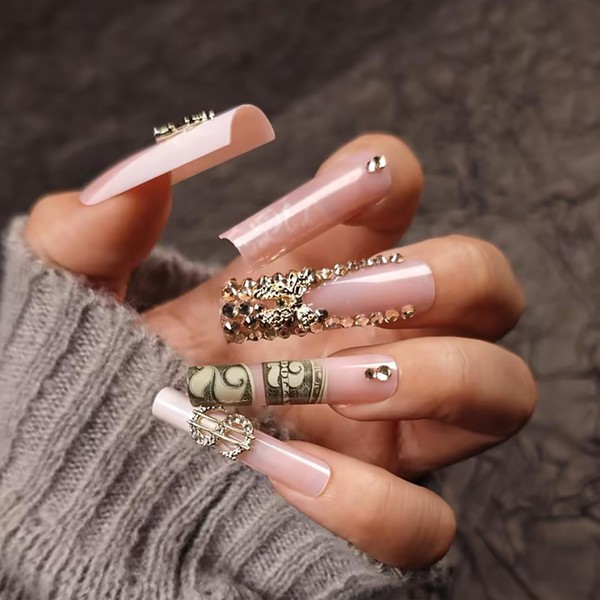 Handmade Press on Nails Long Square Pink Fake Nails with