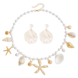 Seashell Pearl Beaded Necklace Earrings for Women Bohemian Charm Starfish Natural Shell Cowrie Conch Ocean Sea Pearls Jewelry Set for Boho Summer Beach Holiday Christmas Trendy Jewelry (white jewelry set)