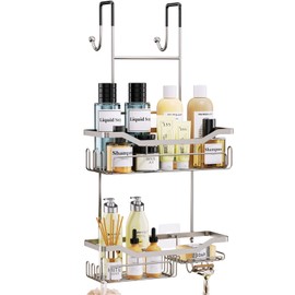 HapiRm Hanging Shower Caddy Over the Door with Soap Holder, No Drilling Adhesive Shower Organizer with 11 Hooks, Rustproof & Waterproof 304 Stainless Steel Bathroom Shelves - Brushed Nickel