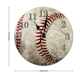 Rustic Style 15x15in Modern Round Wood Wall Clock Arabic Numerals Wooden Clock Battery Operated Silent Non-Ticking Ball Theme Baseball Wall Clocks for Cottage Living Room Bedroom Office Decoration