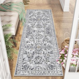 Yamaziot Washable Runner Rug 2x6 – Non Slip Boho Floral Hallway Runner Rug with Rubber Backing, Low Pile Faux Wool Distressed Carpet for Kitchen, Laundry, Bedroom, Entrance, Gray