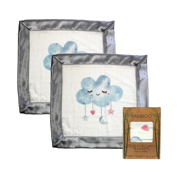 Immaculate Textiles Bamboo Baby Sensory Muslin Square/Comforter/Security Blanket - Pack of 2-40x40cm - 70% Bamboo / 30% Cotton with Satin Edge : Baby Boys or Girls (Sleeping Cloud)