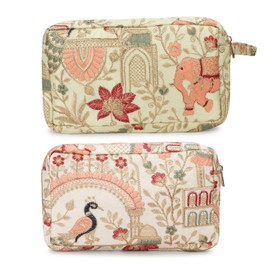 LONGING TO BUY Floral Embroidered Cosmetic Pouch, Make Up Organizer Pouch for Women, Zip Pouch Combo for Multiple Use Wristlet Design (Green & Cream)