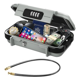 Olipiter Travel Combination Lock Box, Beach Portable Combination Padlocks with 4 Digital Combination, Waterproof Security Travel Small Safe Box with Removable Wire Rope for Home, Office, Hotel, Cars, Travel (Grey)