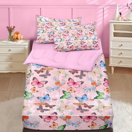 Nesker Zipper Bedding Twin Colorful Butterfly Zip Up Bedding Set for Girls and Kids, Cute Butterflies 3 Pcs Comforter Bed in a Bag with Fitted Sheet and 2 Pcs Pillowcases