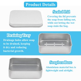 Pack of 2 Soap Boxes, Aluminium Soap Dish with Drain, 9.2 x 6.2 x 2.6 cm (Inside), Small Soap Box, Travel, Waterproof, Soap Box for Home, Travel, Camping