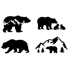 Bear Decal 4 Pack: Bear Mountain Silhouette, Momma Bear and Cubs, Walking, Mountain Bear (Black, Large ~5")