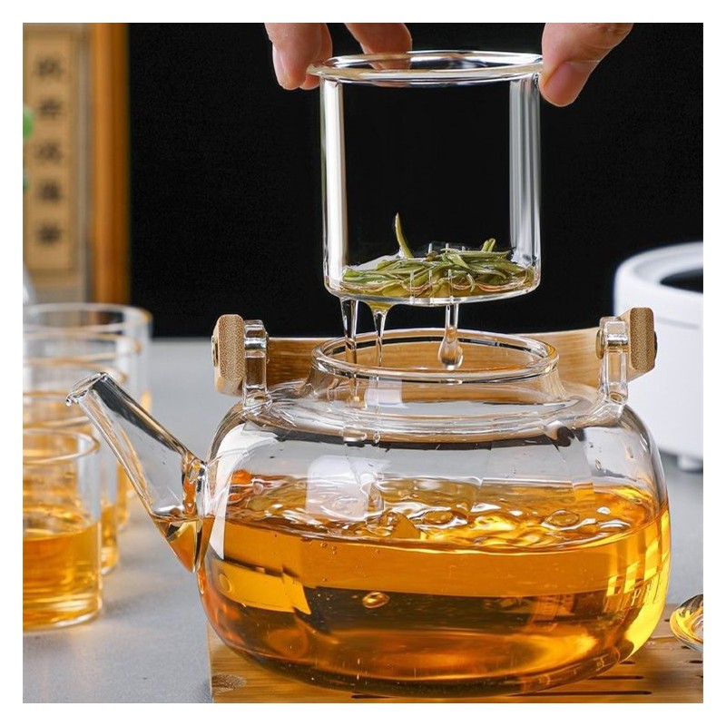 Household Teapot 1000ml Large Capacity Multifunctional Borosilicate Teapot with Bamboo
