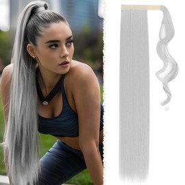 Benehair Straight Ponytail Extension 26 Inches Long Wrap Around Drawstring Ponytail Synthetic Hair Extension Ponytail Hairpieces Silver Gray Hair Pieces for Women(Silver Gray, 100g)