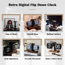 VBESTLIFE Retro Digital Flip Down Clock, Battery Powered Internal Gear Operated Clock, Classic Mechanical, Black Walnut Base, for Home & Office Decor (Silver)
