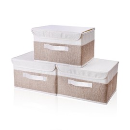BAISHUN Set of 3 Cotton Linen Storage Baskets, Collapsible Storage Basket with Lid, 12 Litre Capacity White Spelling Khaki, Suitable for Toys Sundries Organiser 26 * 19 * 16cm