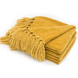 RECYCO Throw Blanket Soft Cozy Chenille Throw Blanket with Fringe Tassel for Couch Sofa Chair Bed Living Room Gift (Mustard Yellow, 60'' x 80'')