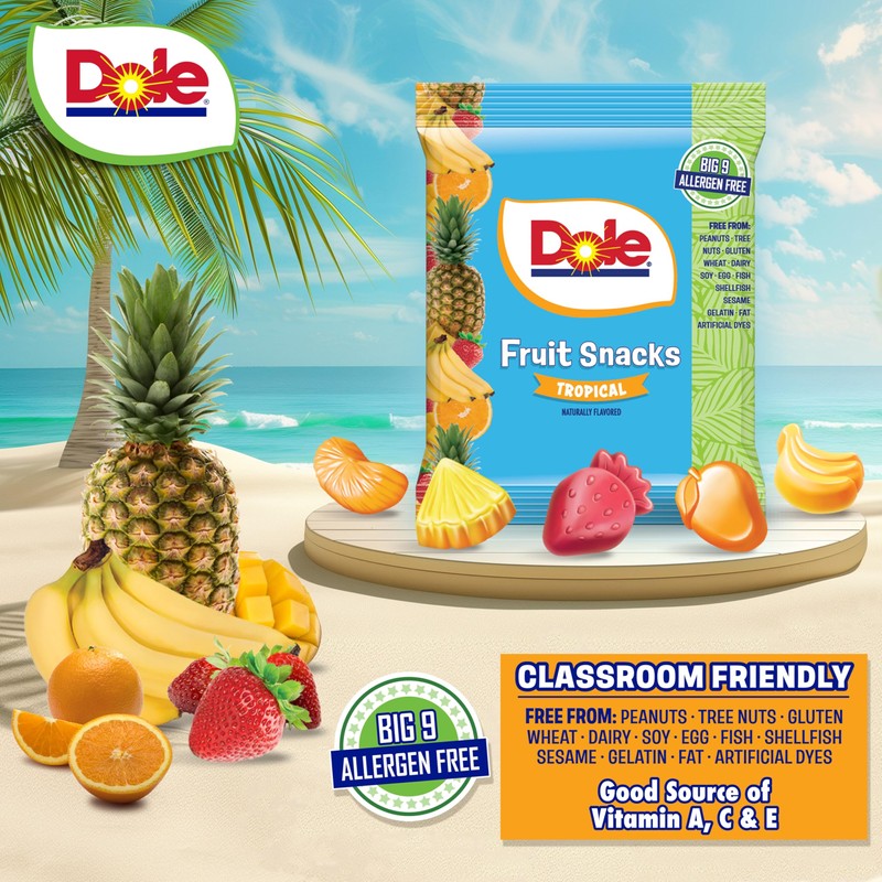 Dole Fruit Snacks, Tropical Flavors - Individually Wrapped Pouches -