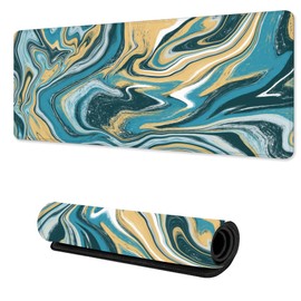 TUBAMQ - Alfombrilla de mouse para juegos, con textura de mármol verde azulado, base de goma antideslizante, protector grande para mouse extendido... 