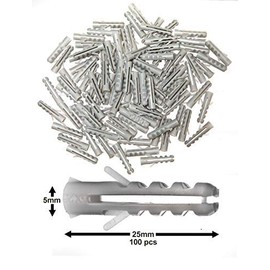 100-pack of Masonry Rawl Plugs 5x25mm (3/16”x1”) – Heavy Duty Plastic Wall Plug Fixings for Brick Concrete Stone - Building Hardware