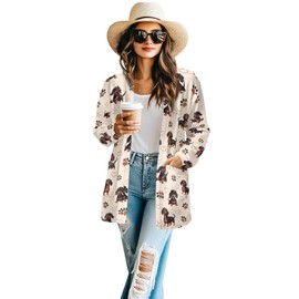 PCSJRKG Dachshund Dog Paw Printed Cardigan Coat for Women Open Front Cardigan Jacket, Loose Outerwear with Pocket for Daily, Beige, XL
