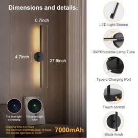 HOJOYRI Wireless Battery Operated Wall Sconces with Remote, Black Rechargeable Led Wall Lights Set of Two, Cordless Dimmable Battery Powered Wall Lamp Decor for Bedroom Living Room, 3 Color, 28 Inch