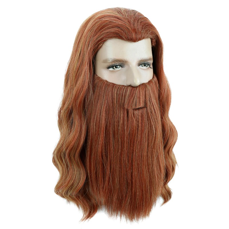 Orange Mixed Long Curly Mens Wigs With Mustache Halloween Cosplay