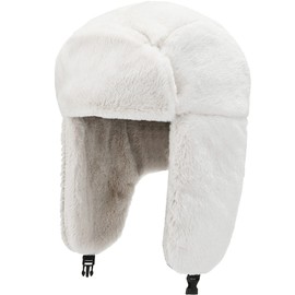 Malaxlx Womens White Faux Fur Trapper Hat Aviator Hat Fuzzy Ski Cap Winter Warm Russian Trooper Ushanka Bomber Hat with Ear Flaps