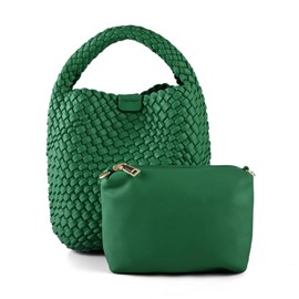 Woven Bag for Women Vegan Leather Tote Bag Travel Handbag and Purse Retro Handmade Trending Hobo Bag (Green)