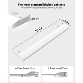 16" LED Under Cabinet Lighting Hardwired & Plug in, 3CCT Selectable (Warm White, Cool White and Daylight) Stepless Dimmable, Linkable with 2 Cords Under Counter Lights for Kitchen, CRI94, Matte White
